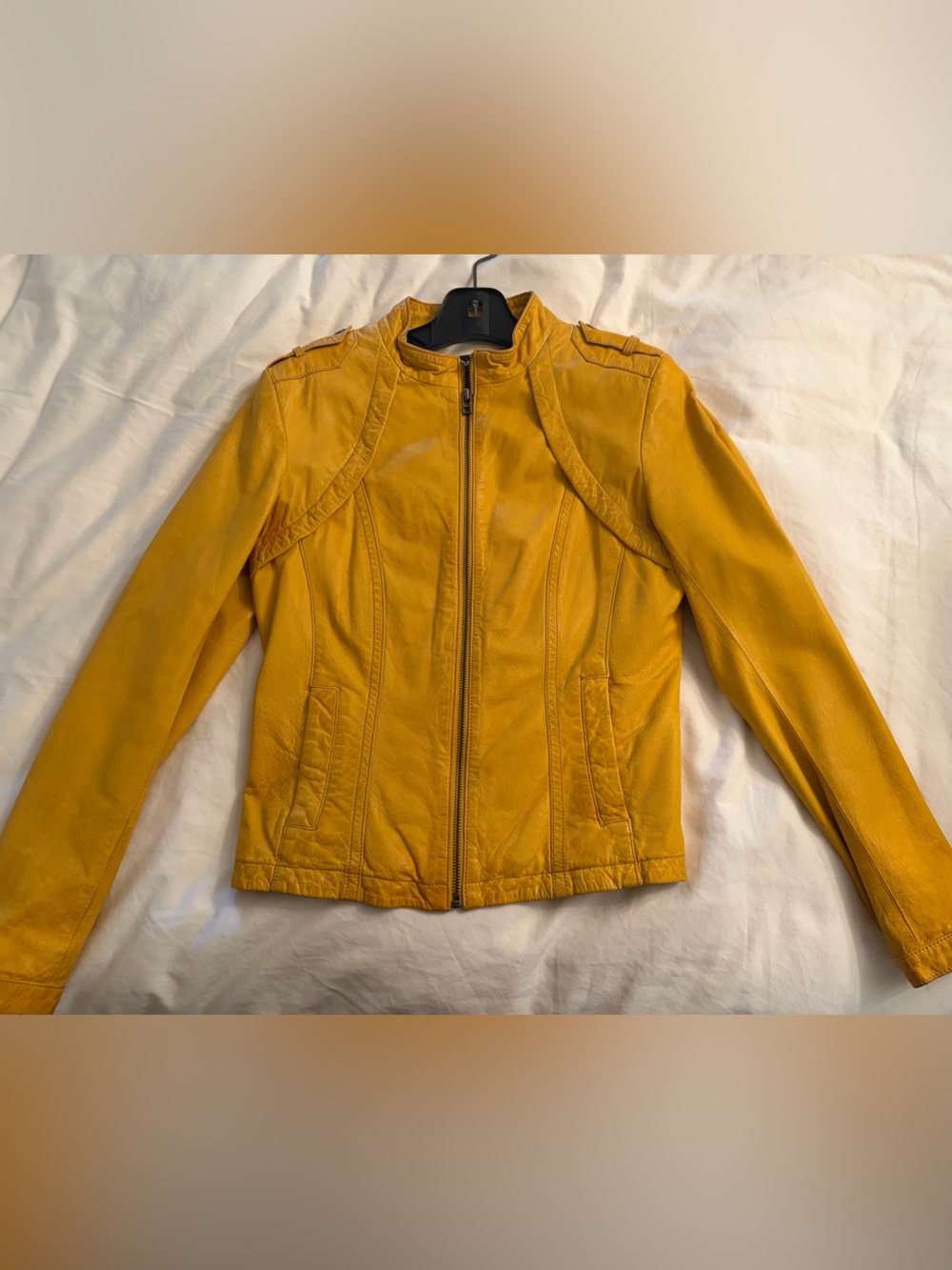 Women's Yellow Leather Zip Jacket